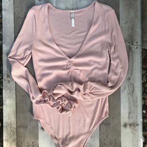 Free People Ruched V-Neck Ruched Sleeve Bodysuit